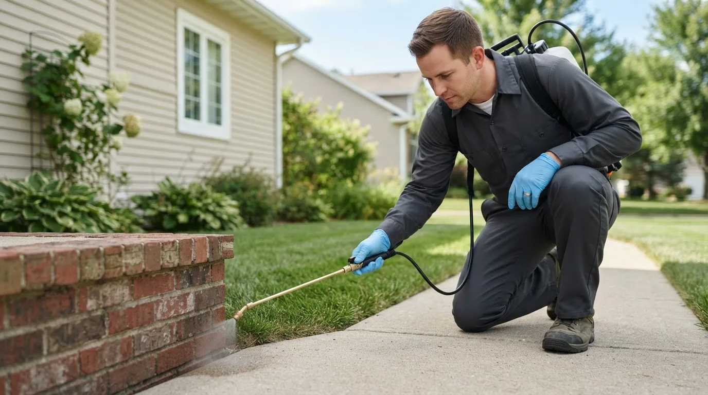 Pest control technician treating a home near Damascus, PA